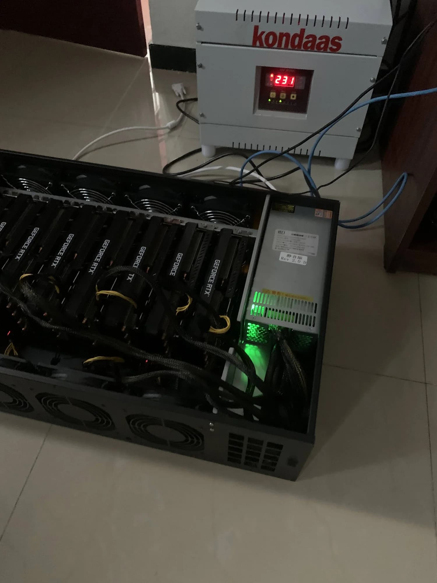 Operational multi-GPU enclosure running under sustained compute load