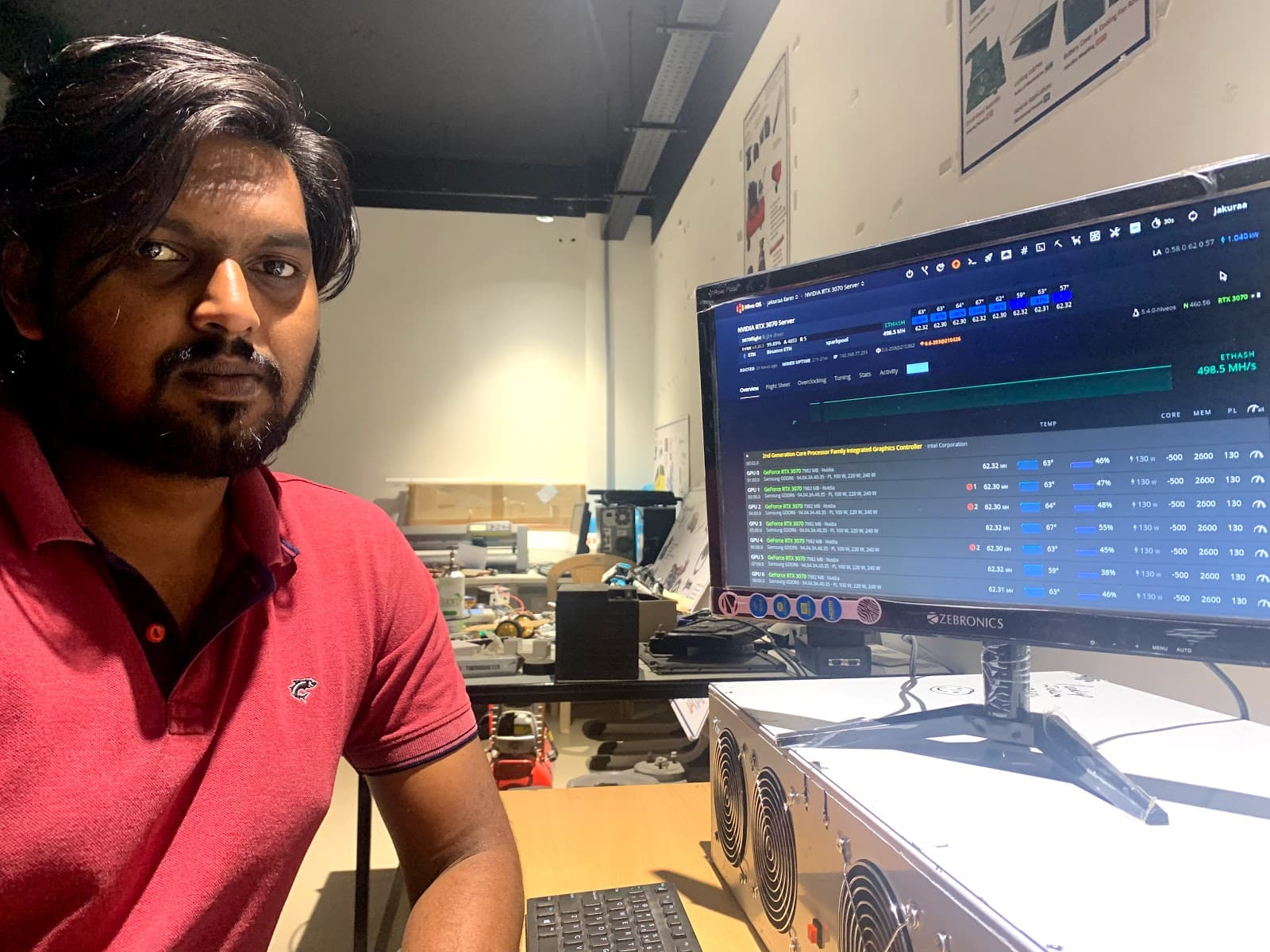 Pradeep Jakuraa calibrating GPU mining hardware
